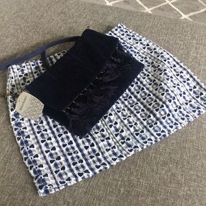 TOPSHOP mini skirt plus blue velvet tassel bag